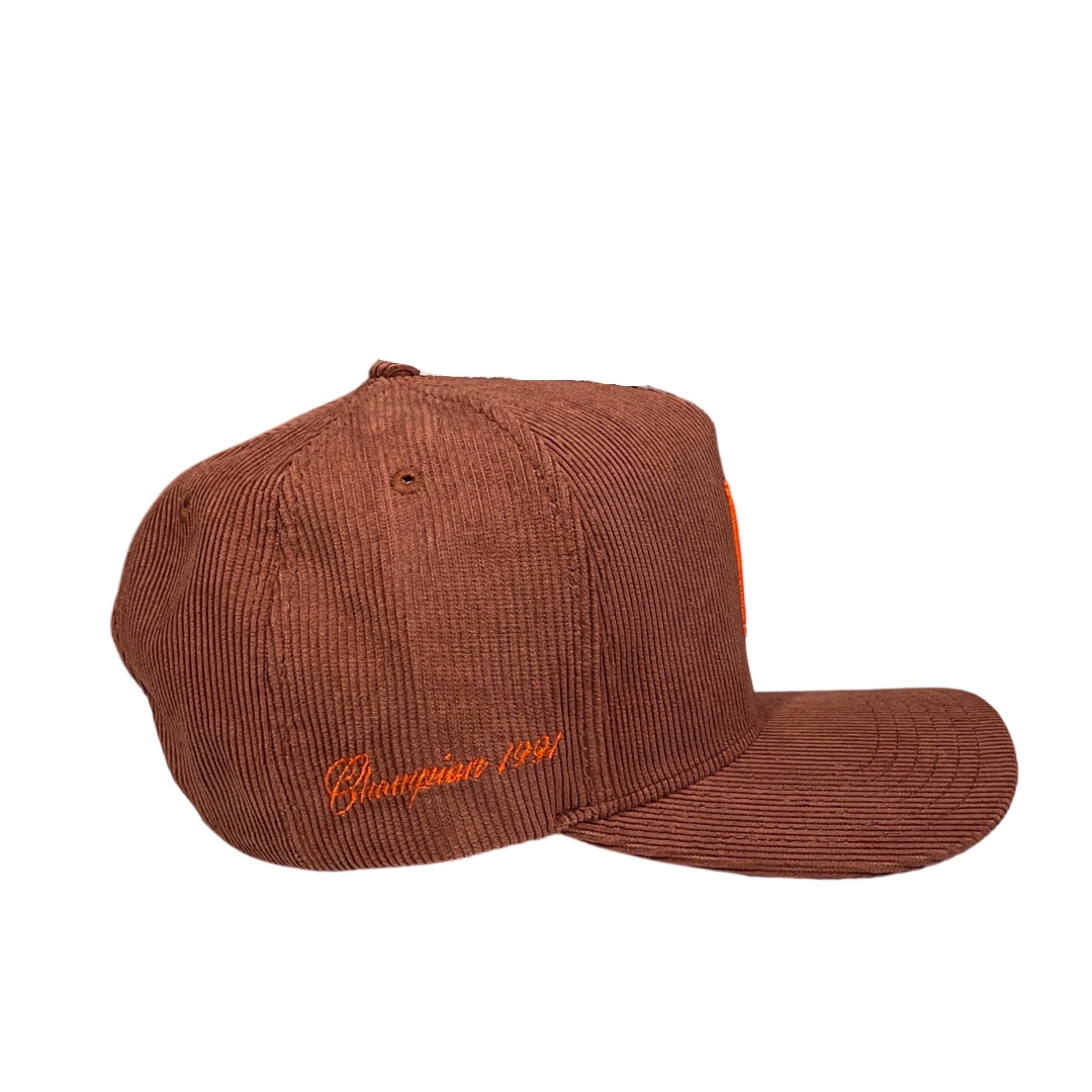 Brown Corduroy and Orange Rally Trucker Hat